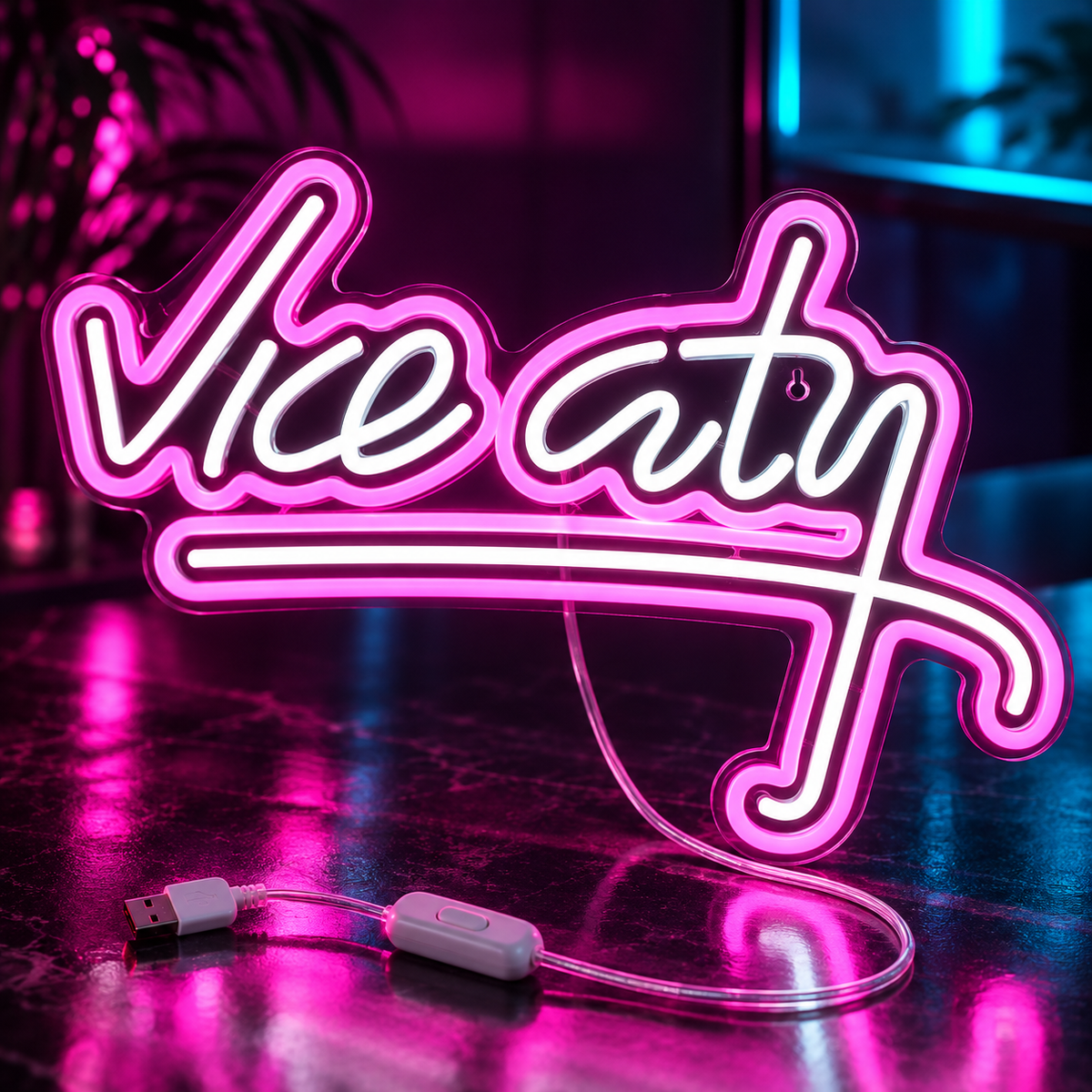 Close detail of the pink and white Vice Afterdark Neon Sign with USB dimmer