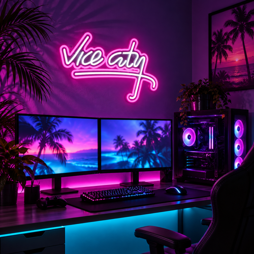 Vice Afterdark Neon Sign in a dual-monitor pink and blue gaming setup