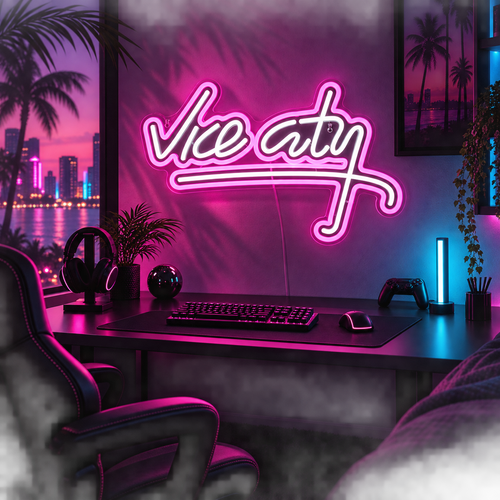 Vice Afterdark Neon Sign glowing above a neon coastal gaming desk