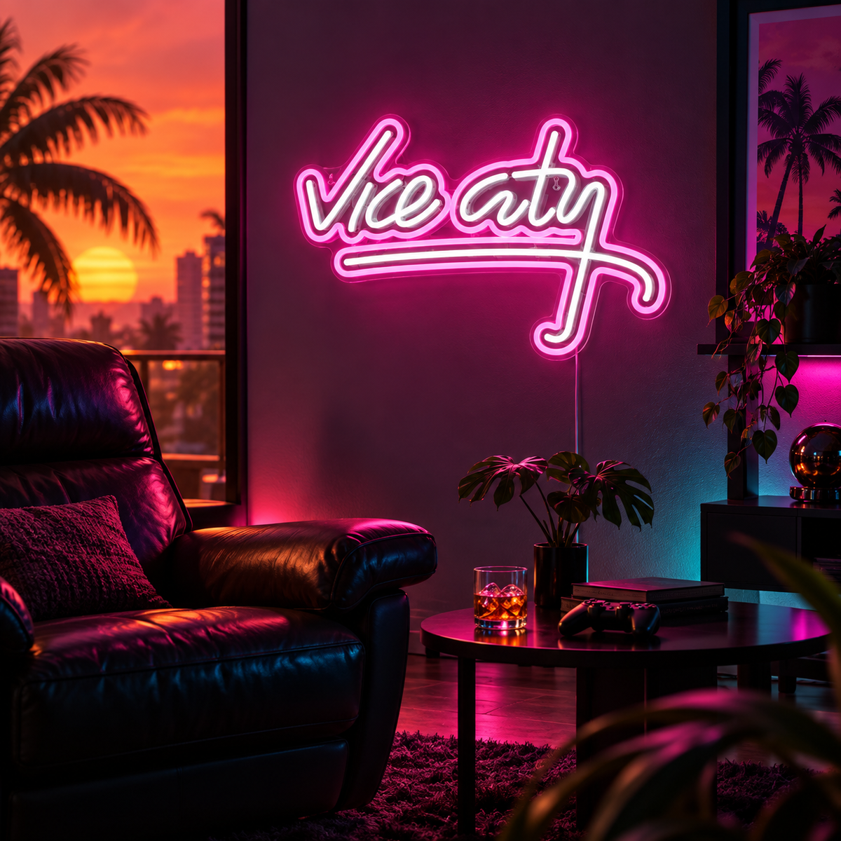 Vice Afterdark Neon Sign in a sunset-lit lounge gaming corner