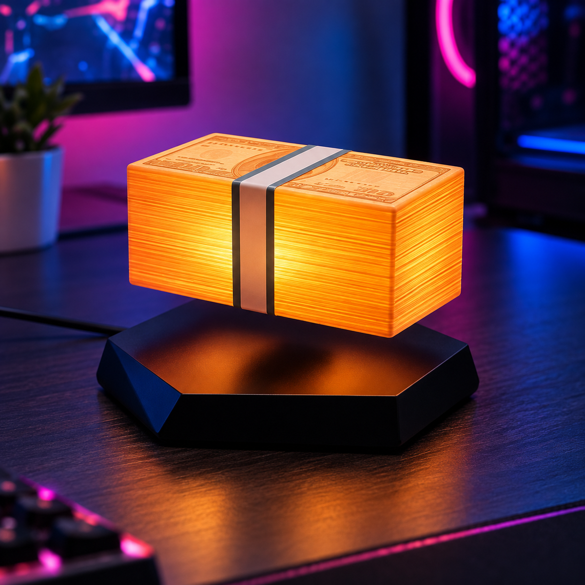 Close detail of the Vice High-Roller Floating Lamp and its visible magnetic levitation gap