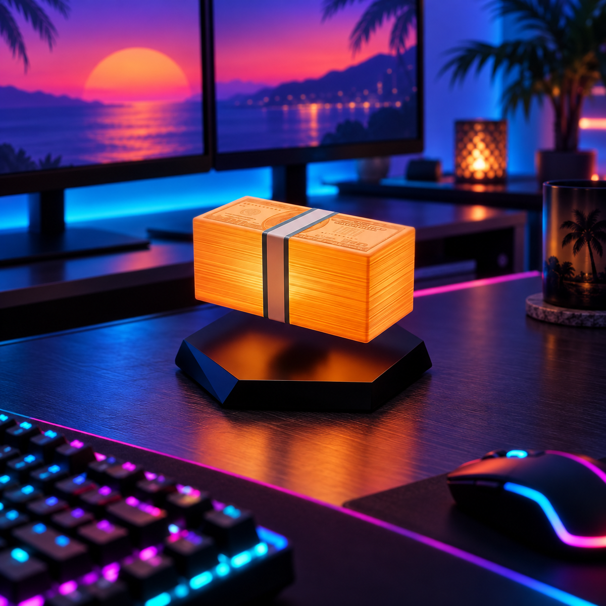 Vice High-Roller Floating Lamp glowing on a neon gaming desk with sunset monitors