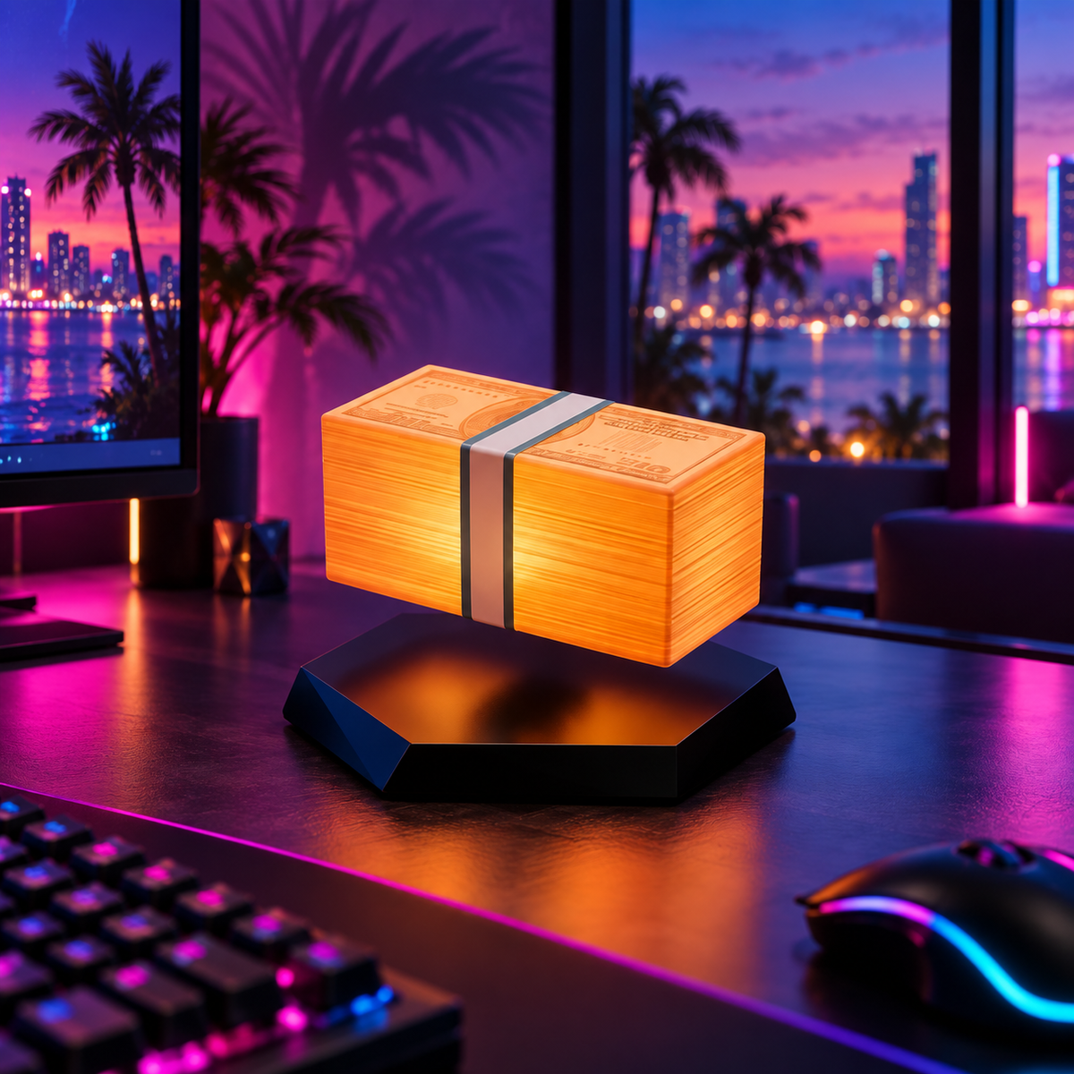Vice High-Roller Floating Lamp levitating above a black hexagonal base in a pink and blue neon gaming room