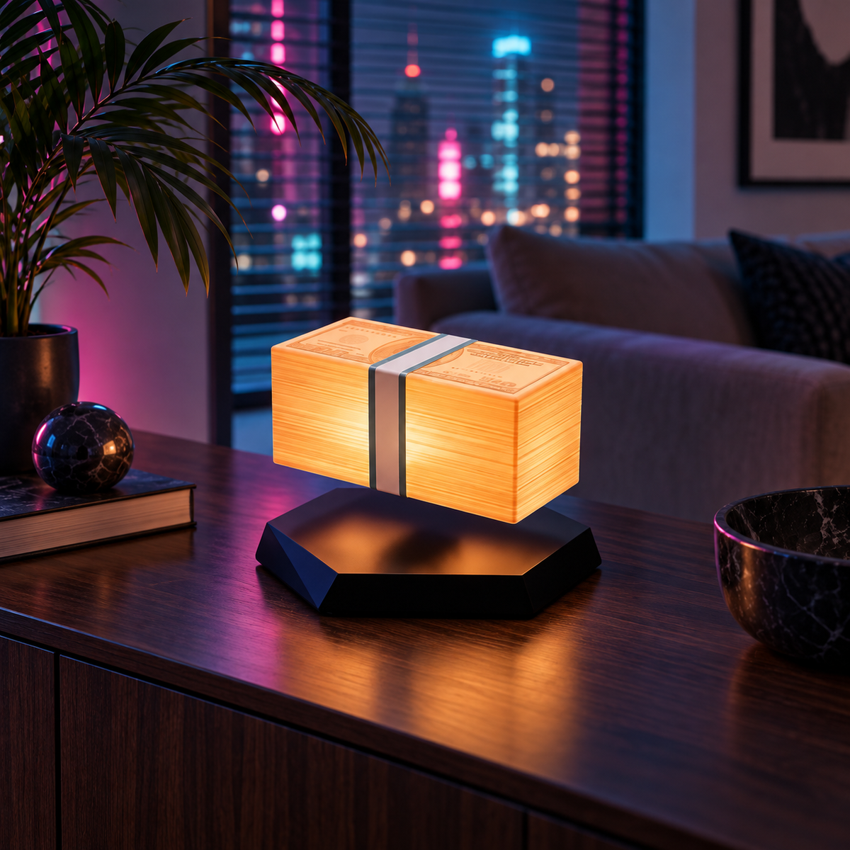 Vice High-Roller Floating Lamp displayed on a modern sideboard in a neon-lit apartment