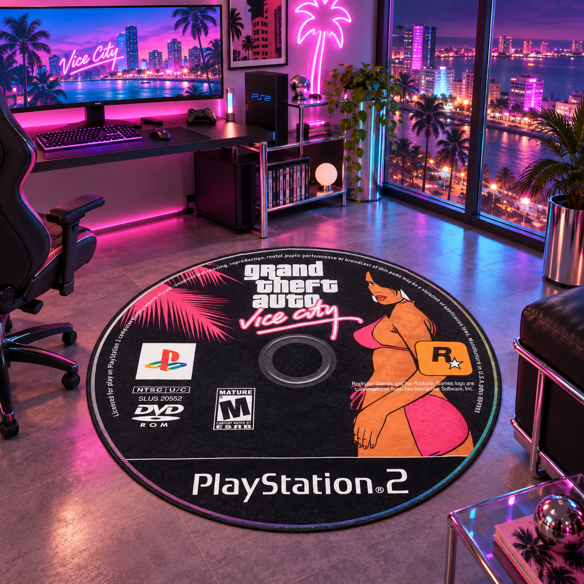 Vice Nostalgia Rug in a pink and blue retro gaming setup