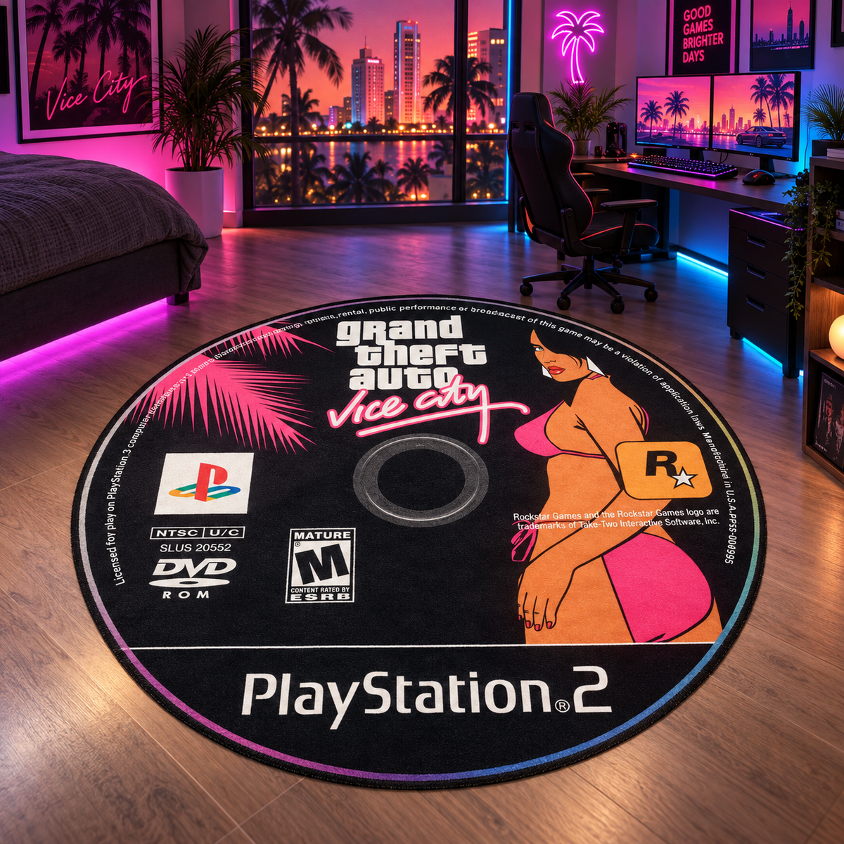 Vice Nostalgia Rug in a neon coastal gaming bedroom