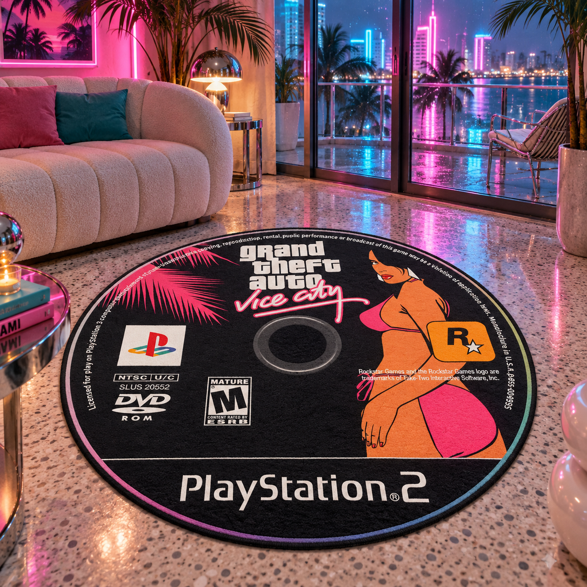 Vice Nostalgia Rug in a neon coastal apartment lounge