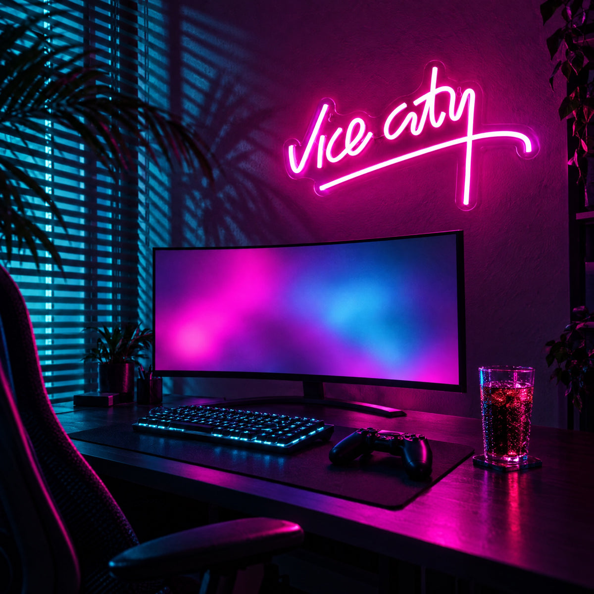 Pink LED neon sign mounted above a gaming desk with ultrawide monitor and controller