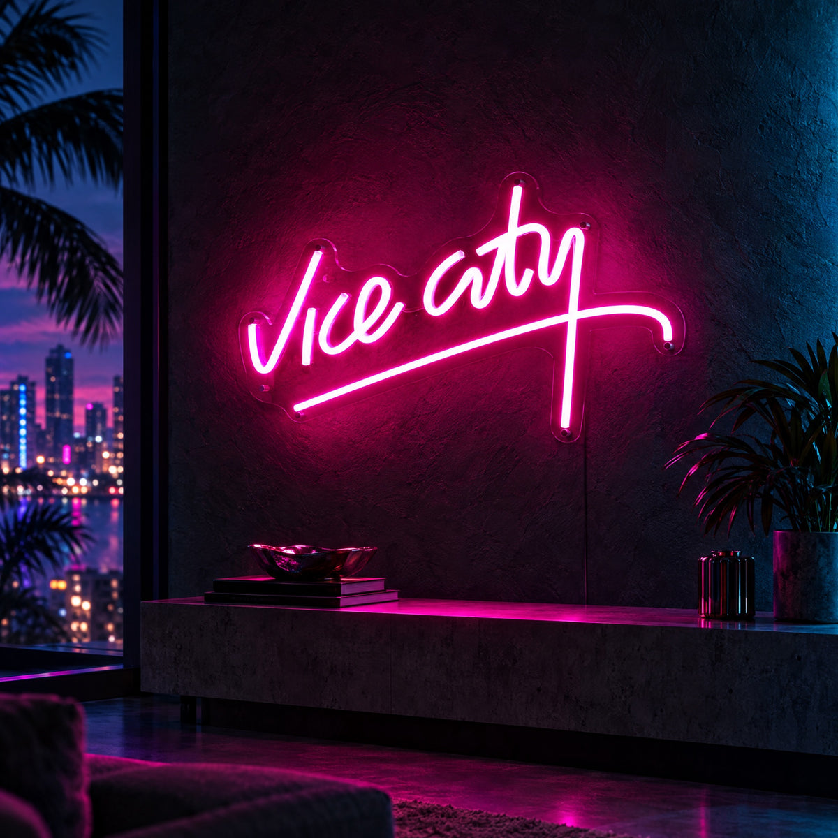 Vice City pink LED neon sign glowing on a dark wall in a Miami high-rise apartment at night