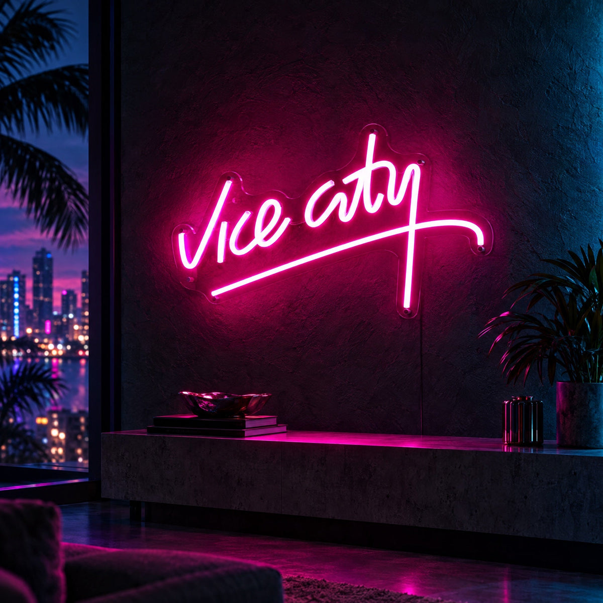 Vice City pink LED neon sign glowing on a dark wall in a Miami high-rise apartment at night